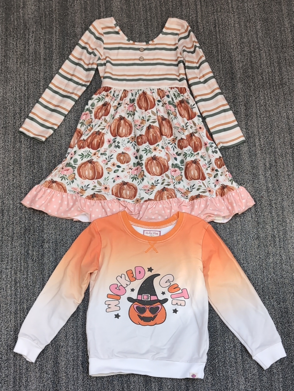 cheeky plum Size 8 Pink Peach Stripe Pumpkin Dress & Orange Ombre Sweatshirt Set